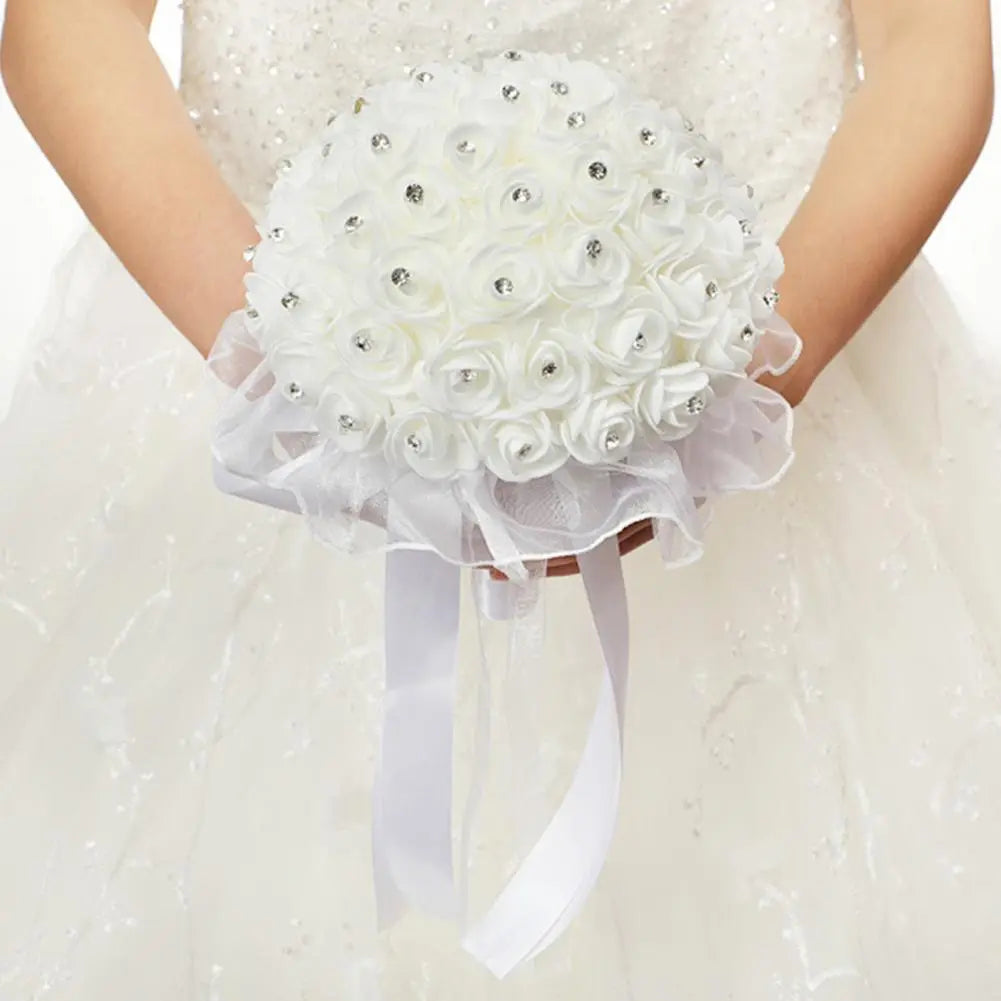 Faux Silk Diamond Ribbon Wedding Bridal Rose Flower Bouquet