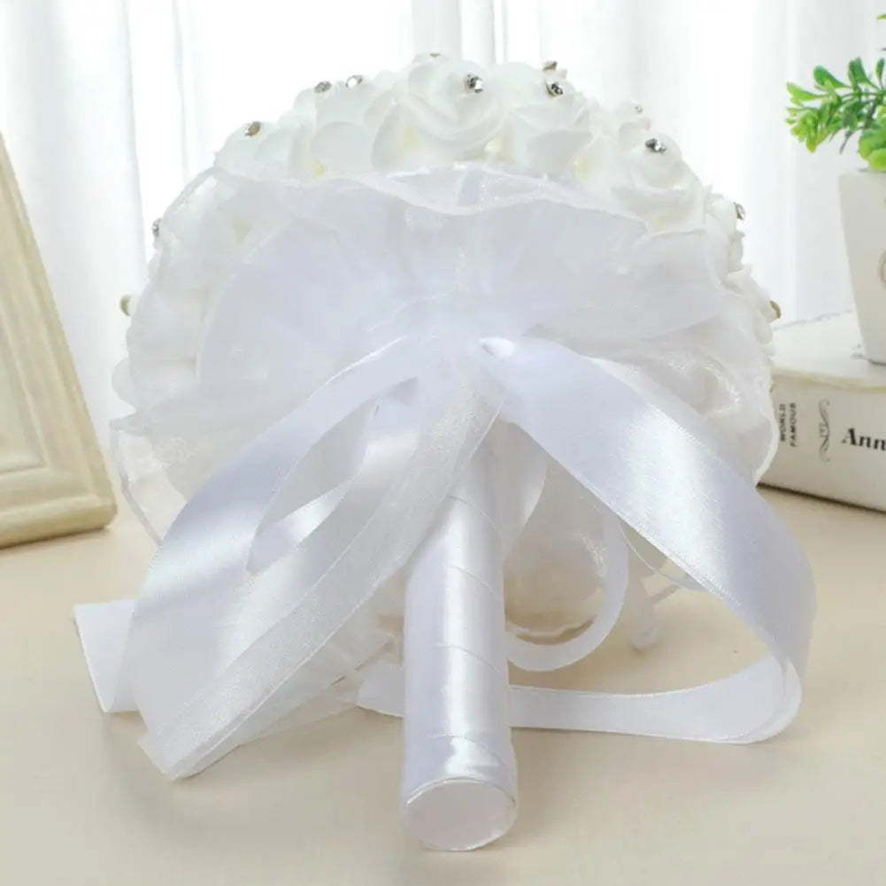 Faux Silk Diamond Ribbon Wedding Bridal Rose Flower Bouquet