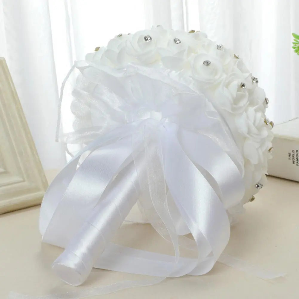 Faux Silk Diamond Ribbon Wedding Bridal Rose Flower Bouquet