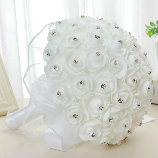 Faux Silk Diamond Ribbon Wedding Bridal Rose Flower Bouquet